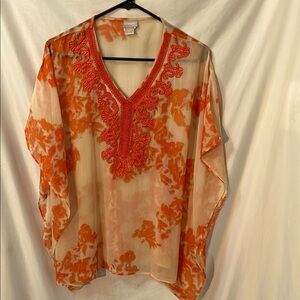 Chico's Orange Embroidered Printed Floral Women's Top Poncho Size S/M